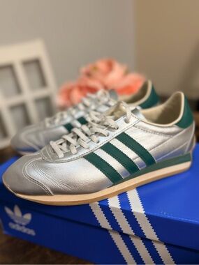 adidas Metallic Silver Sneakers with Green Stripes